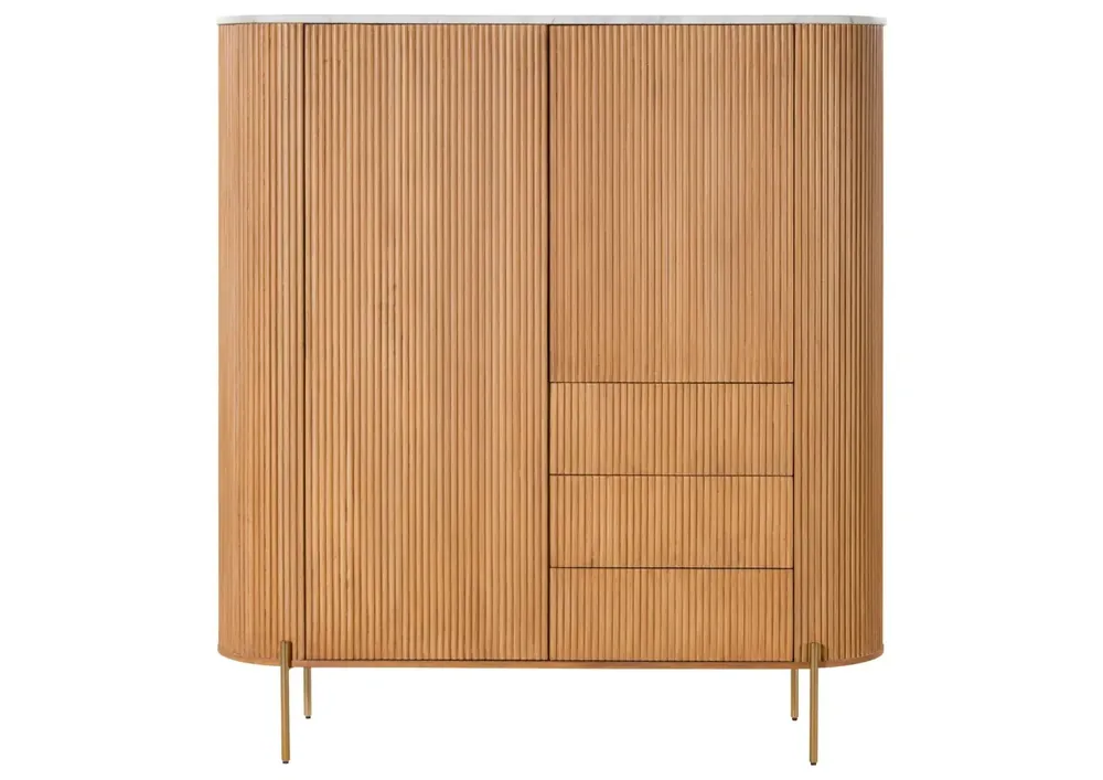 Schneller Versand Highboard Mango 150x45x160 natur lackiert / Marmor weiß BARCELONA #541