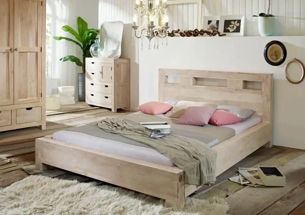 Nur Für Kurze Zeit Bett Akazie 140x200x90 white stone getüncht NATURE WHITE #203
