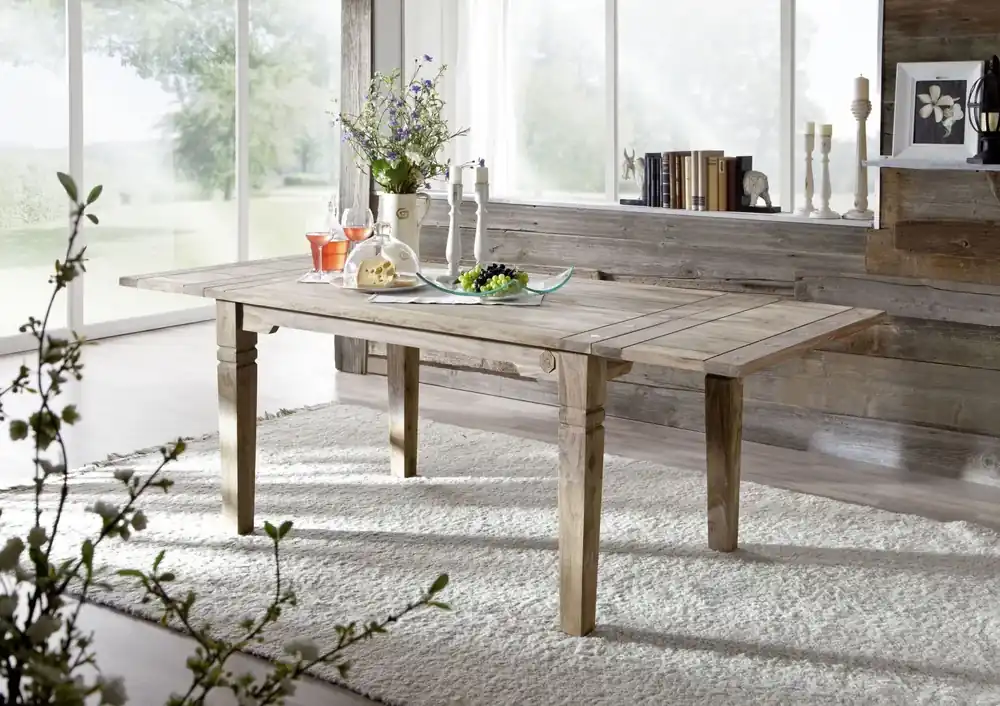 Expressversand Esstisch mit Ansteckplatten Sheesham 140-180/220x90x76 grau geölt LEEDS #52