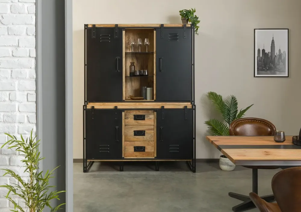 Begrenztes Angebot Buffet Mango 150x55x200 natur lackiert / Metall schwarz BLACKBURN #106