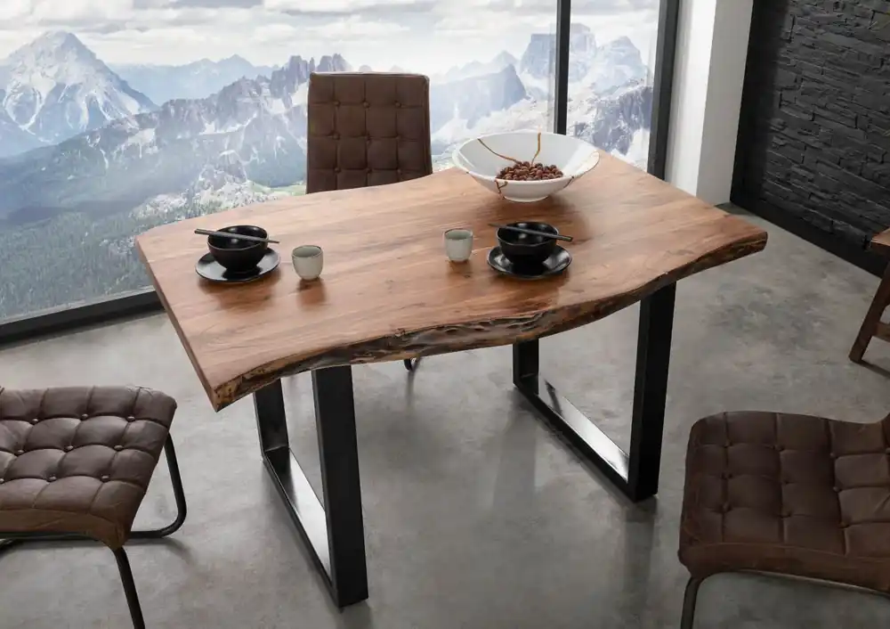 Super-Preis Baumtisch Akazie 140x90x77 natur lackiert / U-Beine anthrazit glänzend FREEFORM 5
