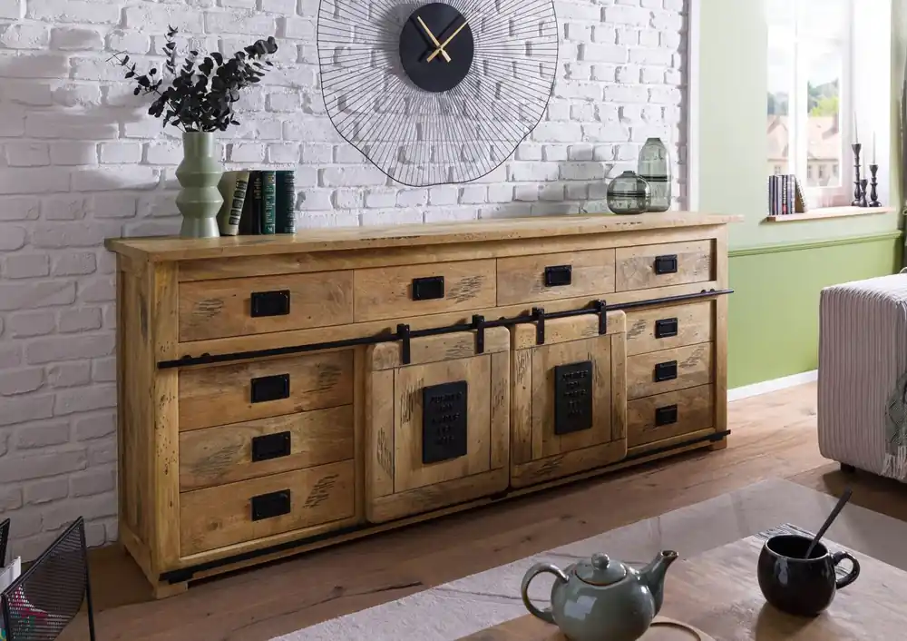 Sideboard Mango 220x45x90 natur lackiert RAILWAY #192 Sofort Bestellen