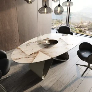 Abverkauf Esstisch Edge Oval 220x120 Keramik Iris FMG Patagonia Lappato W-Gestell Metall Effektfinish Titan