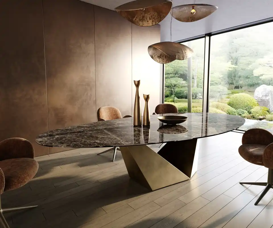 Expressversand Esstisch Edge Oval 315x150 cm Keramik Emperador Extra Lucidato Dunkelbraun Prisma Metallic Gold