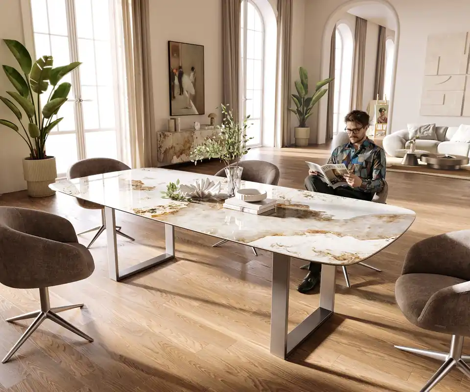 Esstisch Edge Boot 260x120 cm Keramik Minas Melange Weiß-Beige Edelstahl Schmal Aktuell