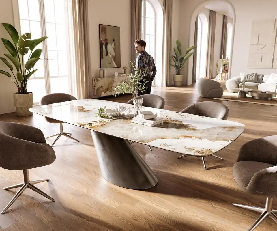 Esstisch Edge Boot 260x120 cm Keramik Minas Melange Weiß-Beige Cono Metallic Silber Garantierte Lieferung
