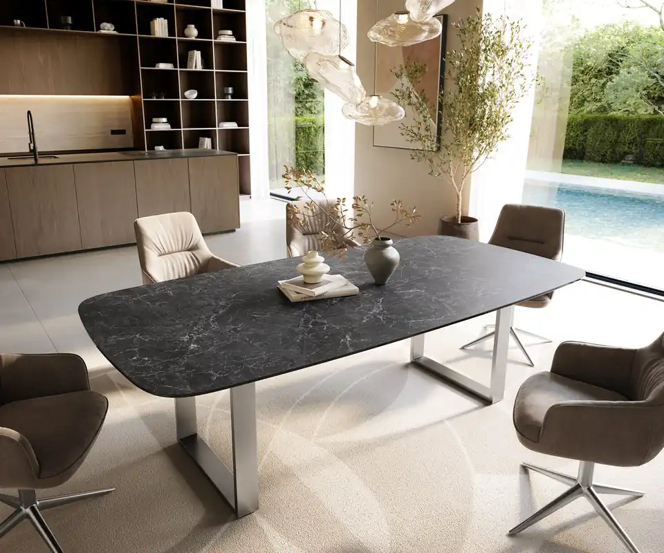 Bestseller Esstisch Edge Boot 240x120 cm Keramik Laminam® Nero Greco Anthrazit Edelstahl Schmal