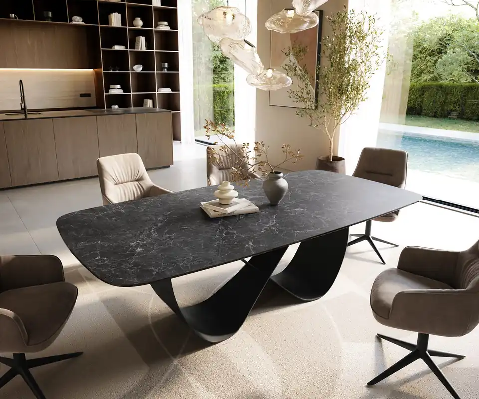 Nur Heute Esstisch Edge Boot 240x120 cm Keramik Laminam® Nero Greco Anthrazit Infinity Metall Schwarz