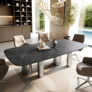 Bestpreis Esstisch Edge Boot 240x120 cm Keramik Laminam® Nero Greco Anthrazit Pilier Edelstahl gebürstet