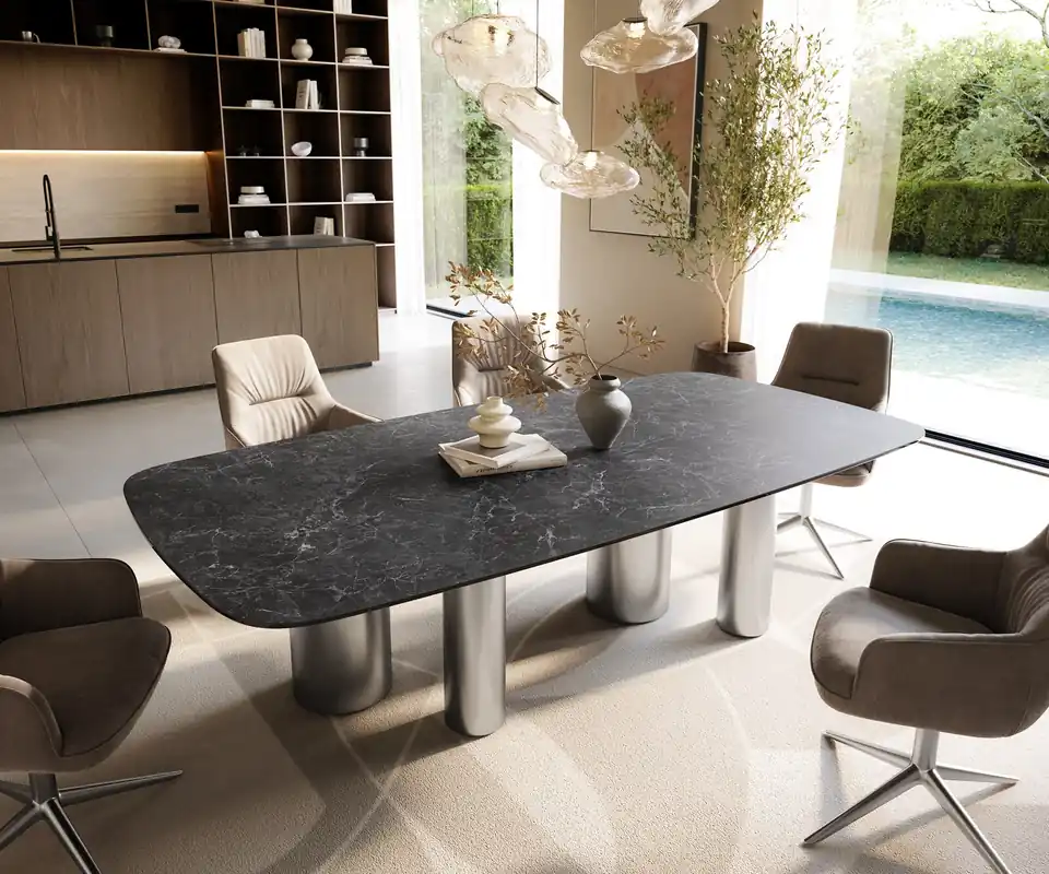 Bestpreis Esstisch Edge Boot 240x120 cm Keramik Laminam® Nero Greco Anthrazit Pilier Edelstahl gebürstet