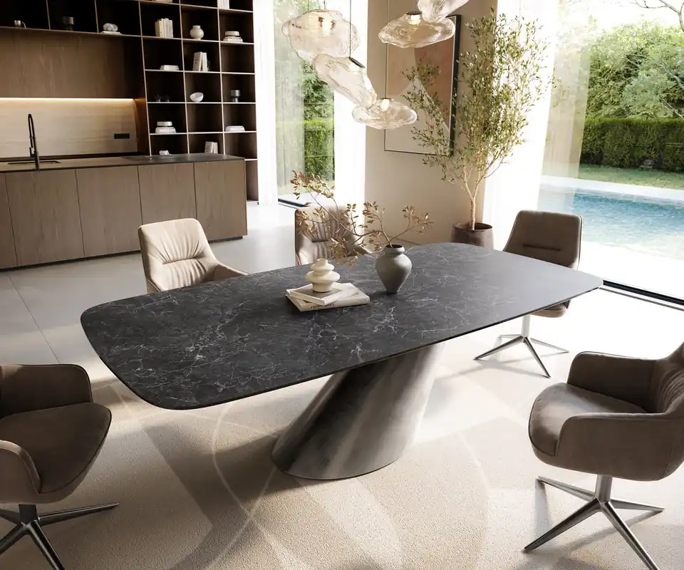 Esstisch Edge Boot 240x120 cm Keramik Laminam® Nero Greco Anthrazit Cono Metallic Silber Aktuell