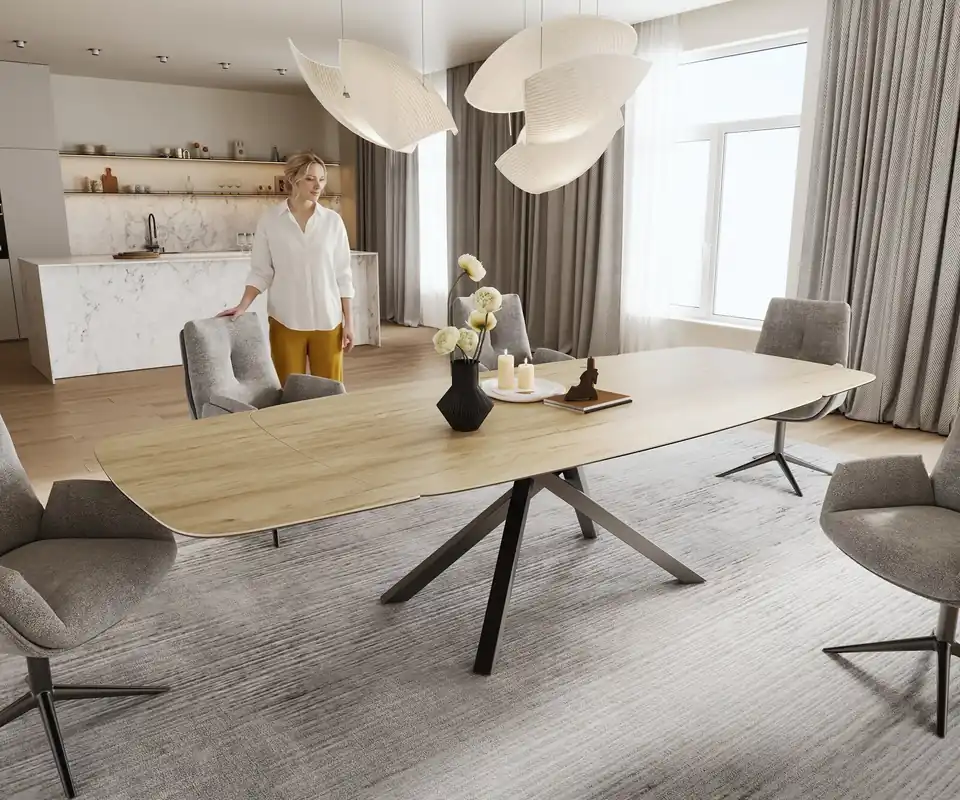 Esstisch Edge Boot 200-300x120 cm Keramik Laminam® Sabbia Eichefarbig Kreuzgestell Rechteck Edelstahl Graphit ausziehbar Direktkauf