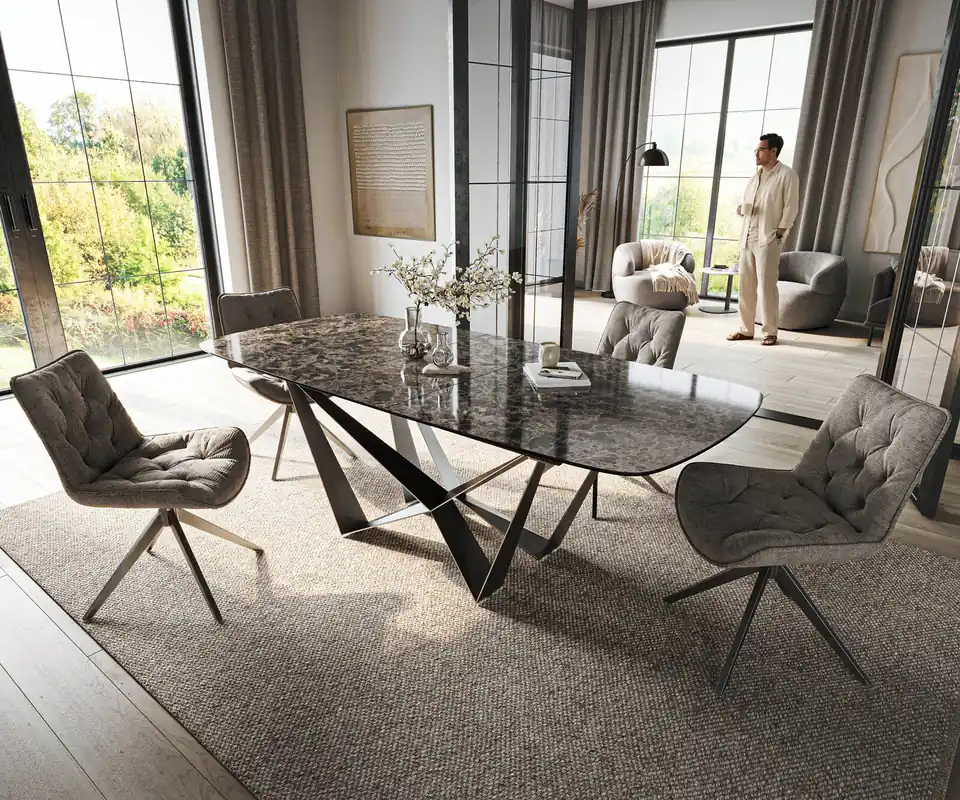 Super-Preis Esstisch Edge Boot 180-220x100 cm Keramik Emperador Extra Lucidato Dunkelbraun Spider Flachstahl Edelstahl Graphit ausziehbar