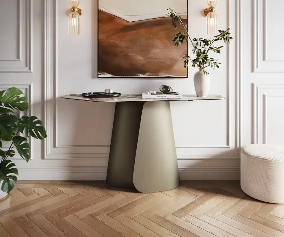 Konsolentisch Edge Polygonal 140x50 cm Keramik Patagonia Poliert Livos Metall Effektfinish Titan Preisknaller