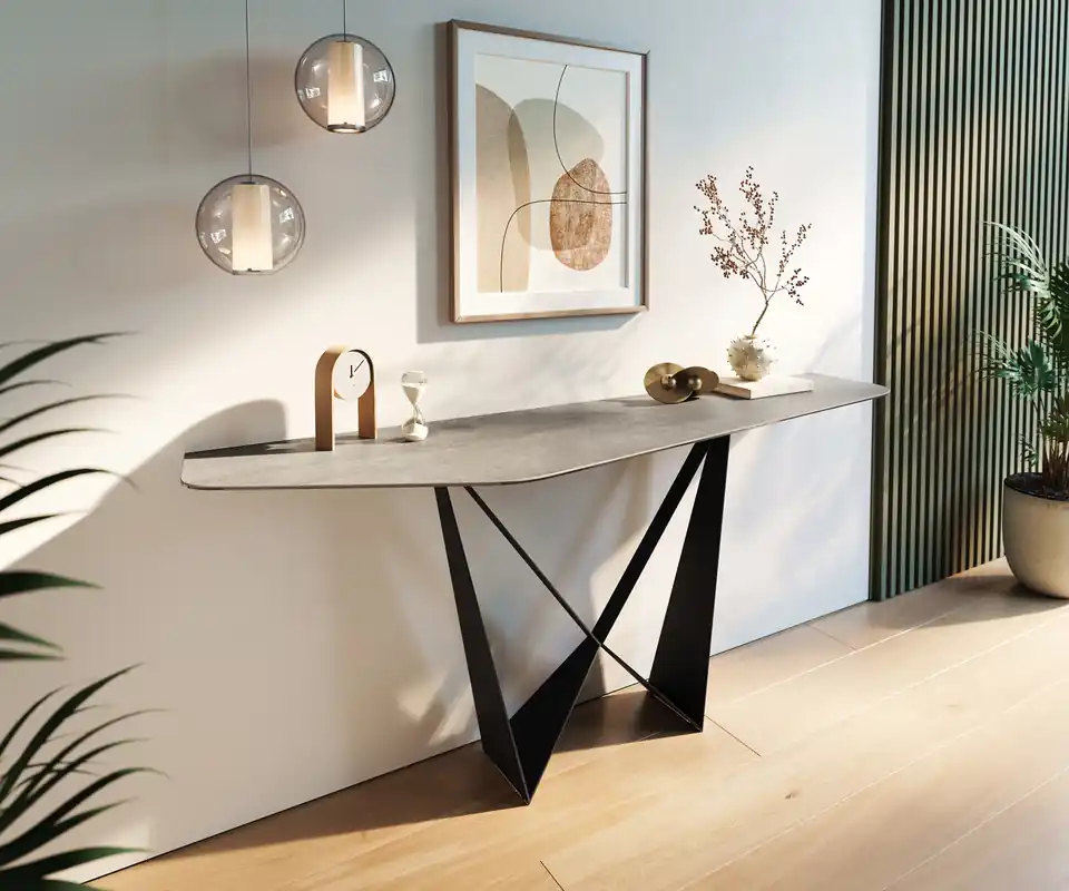 Konsolentisch Edge Polygonal 180x50 cm Keramik Beton Grau Spios Metall Schwarz Preisknaller