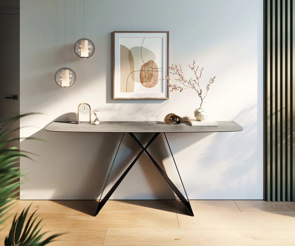 Neue Kollektion Konsolentisch Edge Boot 180x40 cm Keramik Beton Grau Velio Metall Schwarz