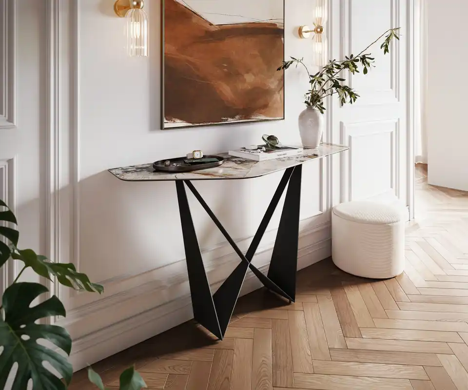 Preisreduziert Konsolentisch Edge Polygonal 140x50 cm Keramik Patagonia Poliert Spios Metall Schwarz
