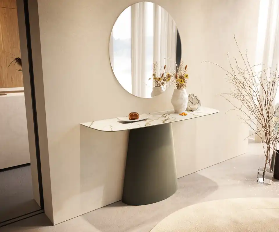 Meistverkauft Konsolentisch Edge Boot 140x40 cm Keramik Calacatta Luxe Weiß-Gold-Grau Conos Metall Effektfinish Titan