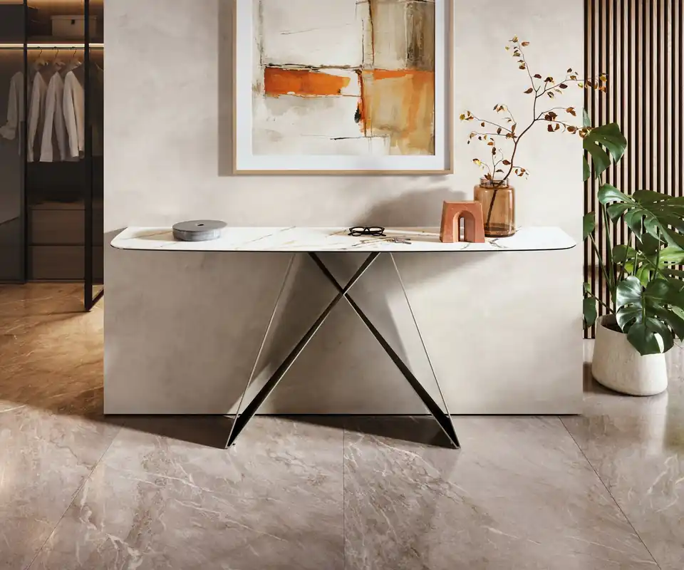 Mega-Angebot Konsolentisch Edge Boot 180x40 cm Keramik Calacatta Luxe Weiß-Gold-Grau Velio Metall Effektfinish Titan