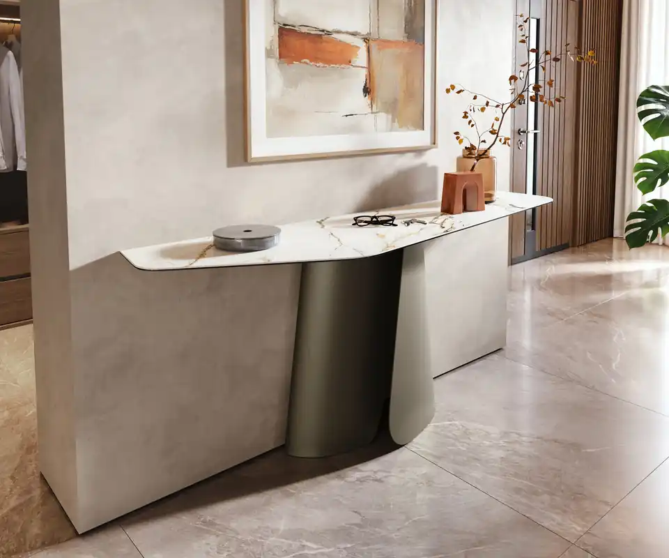 Direkt Vom Hersteller Konsolentisch Edge Polygonal 180x50 cm Keramik Calacatta Luxe Weiß-Gold-Grau Livos Metall Effektfinish Titan