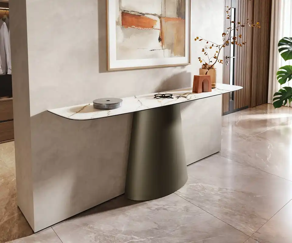Begrenztes Angebot Konsolentisch Edge Boot 180x40 cm Keramik Calacatta Luxe Weiß-Gold-Grau Conos Metall Effektfinish Titan