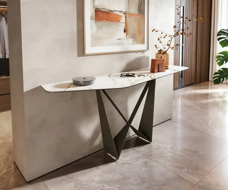 Versand Am Gleichen Tag Konsolentisch Edge Polygonal 180x50 cm Keramik Calacatta Luxe Weiß-Gold-Grau Spios Metall Effektfinish Titan