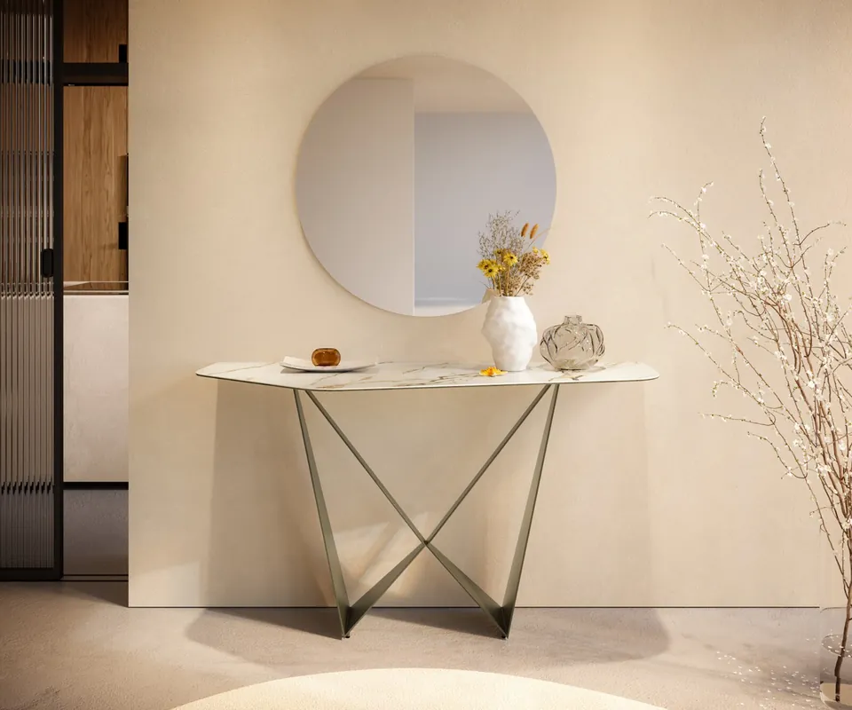 Konsolentisch Edge Polygonal 140x50 cm Keramik Calacatta Luxe Weiß-Gold-Grau Spios Metall Effektfinish Titan Finale Aktion