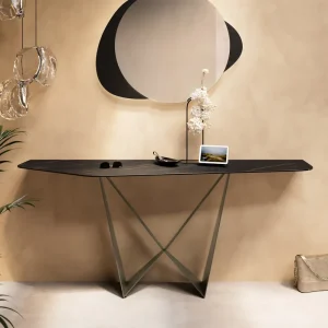 Abverkauf Konsolentisch Edge Polygonal 180x50 cm Keramik Laminam® Noir Desir Braun Spios Metall Effektfinish Titan