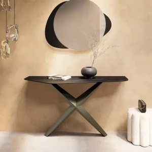 Billig Konsolentisch Edge Polygonal 140x50 cm Keramik Laminam® Noir Desir Braun Zentharo Metall Effektfinish Titan