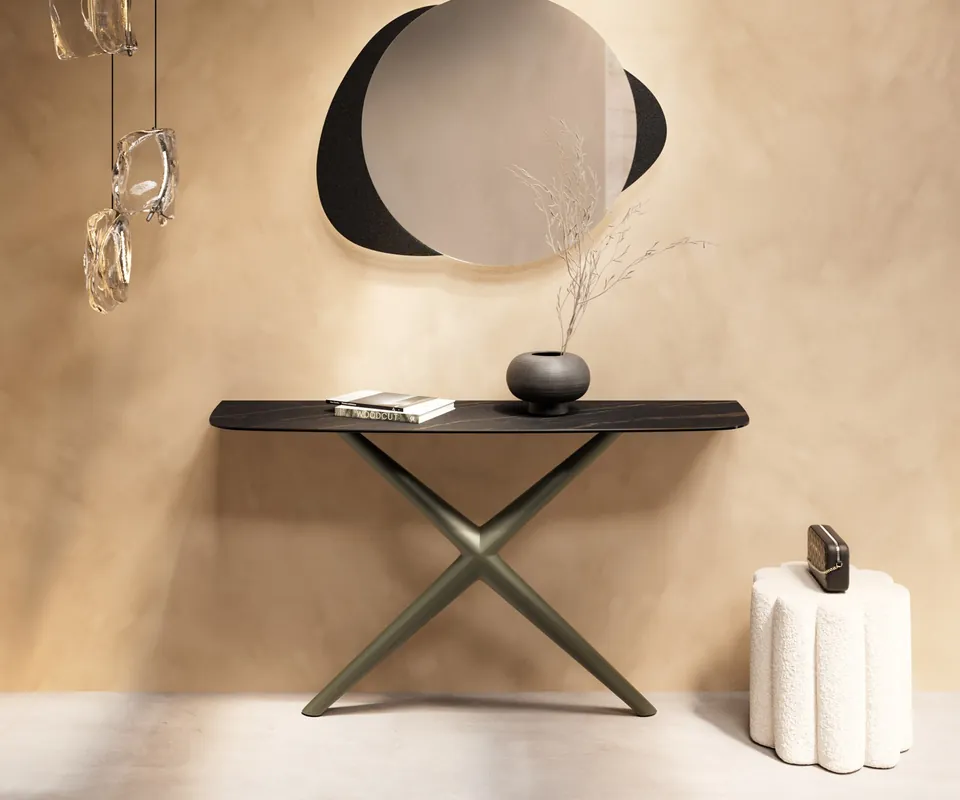 Konsolentisch Edge Boot 140x40 cm Keramik Laminam® Noir Desir Braun Estelo Metall Effektfinish Titan Nur Heute