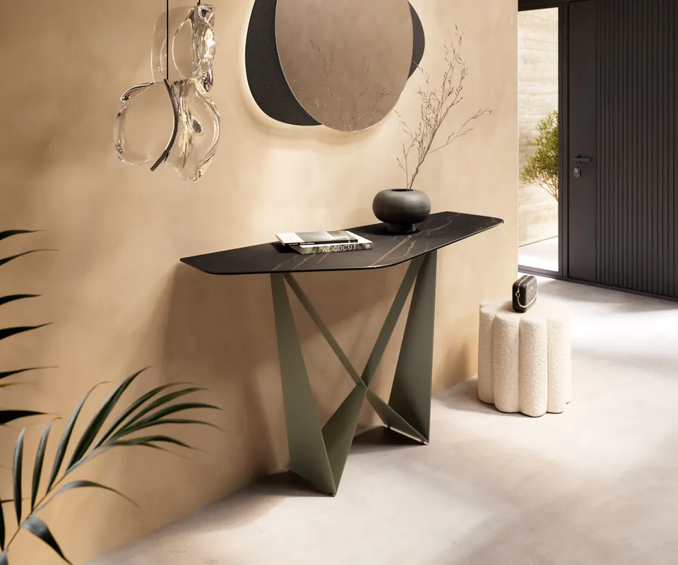 Highlight Konsolentisch Edge Polygonal 140x50 cm Keramik Laminam® Noir Desir Braun Spios Metall Effektfinish Titan