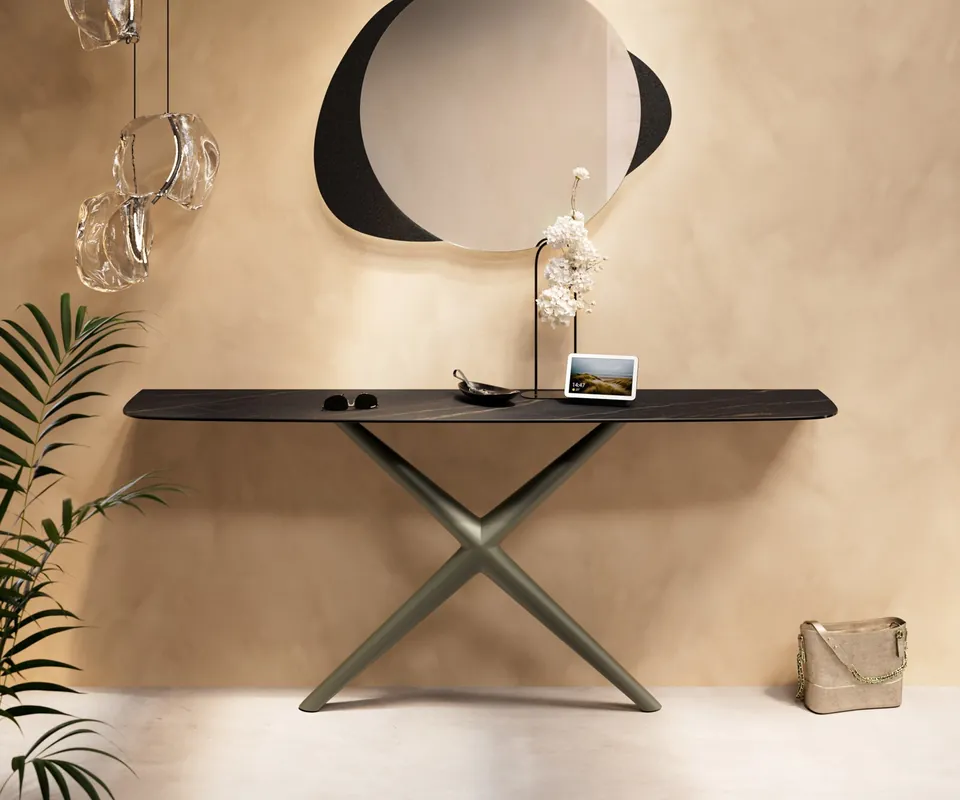 Bestpreis Konsolentisch Edge Boot 180x40 cm Keramik Laminam® Noir Desir Braun Estelo Metall Effektfinish Titan