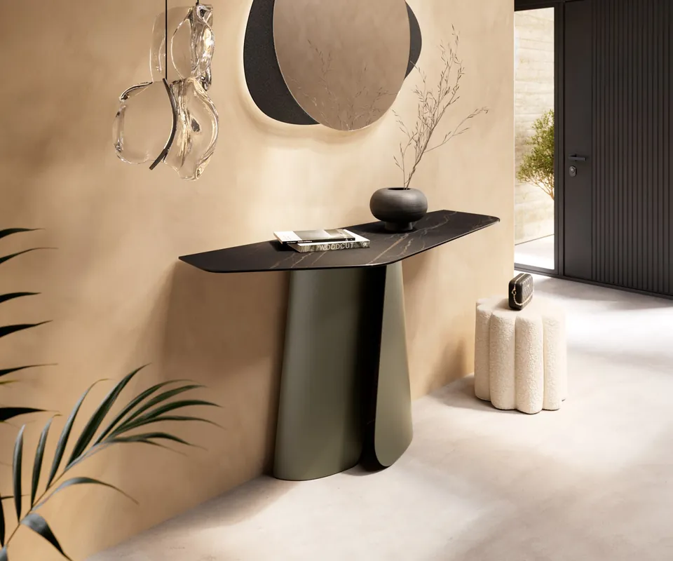Konsolentisch Edge Polygonal 140x50 cm Keramik Laminam® Noir Desir Braun Livos Metall Effektfinish Titan Sale
