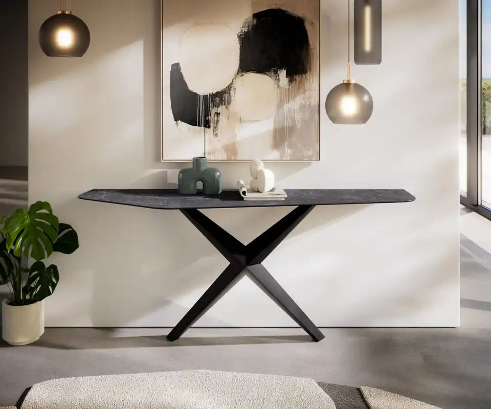 Konsolentisch Edge Polygonal 180x50 cm Keramik Laminam® Nero Greco Anthrazit Zentharo Metall Schwarz Bestpreis