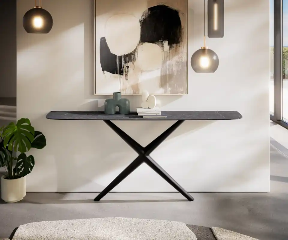 Konsolentisch Edge Boot 180x40 cm Keramik Laminam® Nero Greco Anthrazit Estelo Metall Schwarz Neue Kollektion