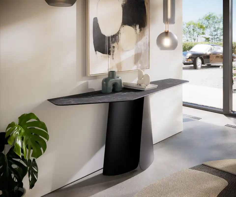 Letzte Chance Konsolentisch Edge Polygonal 180x50 cm Keramik Laminam® Nero Greco Anthrazit Livos Metall Schwarz