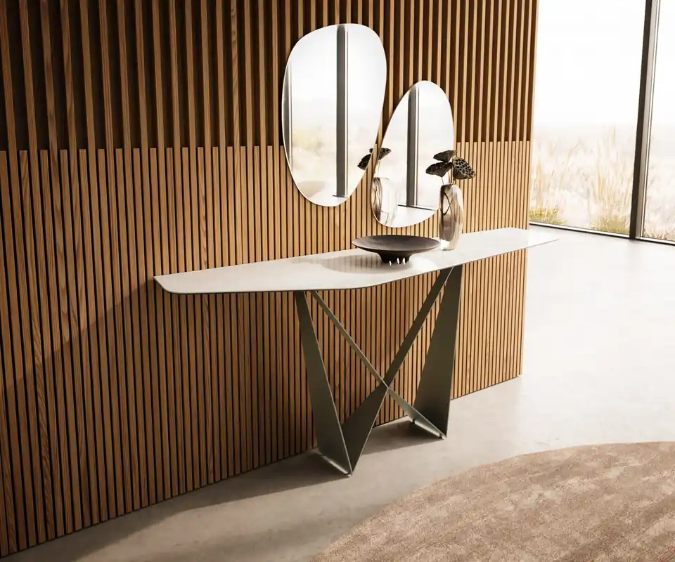 Konsolentisch Edge Polygonal 180x50 cm Keramik Onyx Champagne Spios Metall Effektfinish Titan Abverkauf