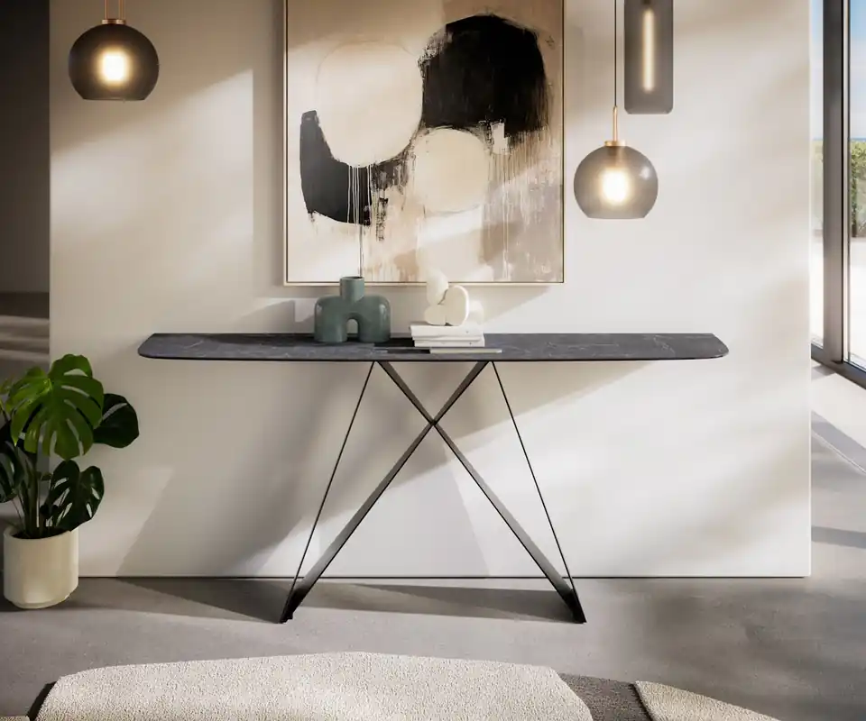 Schnäppchen Konsolentisch Edge Boot 180x40 cm Keramik Laminam® Nero Greco Anthrazit Velio Metall Schwarz