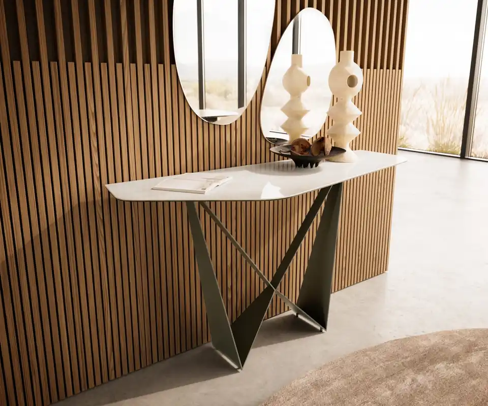 Konsolentisch Edge Polygonal 140x50 cm Keramik Onyx Champagne Spios Metall Effektfinish Titan Versand Am Gleichen Tag