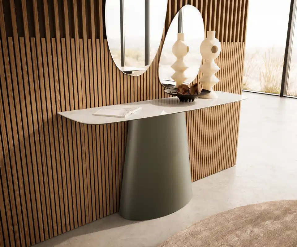 Garantierte Lieferung Konsolentisch Edge Boot 140x40 cm Keramik Onyx Champagne Conos Metall Effektfinish Titan
