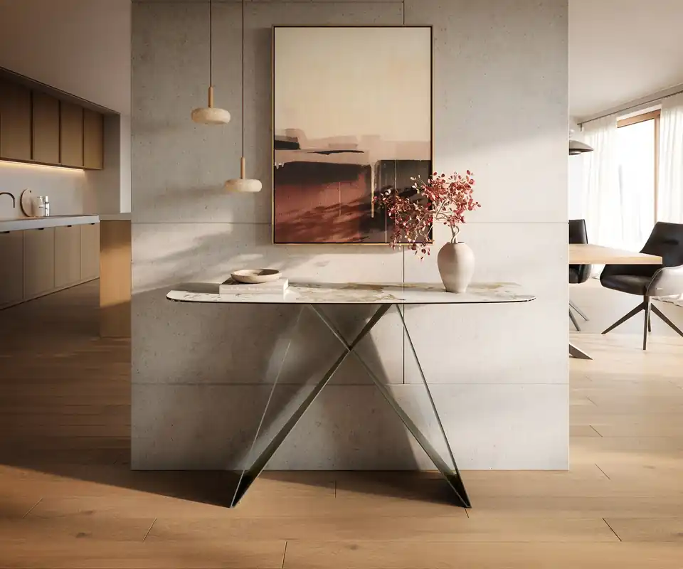 Konsolentisch Edge Boot 140x40 cm Keramik Minas Melange Weiß-Beige Velio Metall Effektfinish Titan Preisreduziert