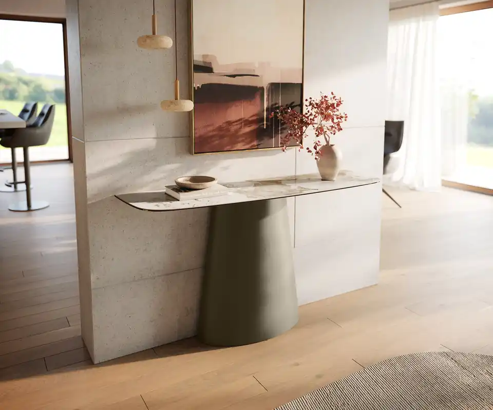 Echt Konsolentisch Edge Boot 140x40 cm Keramik Minas Melange Weiß-Beige Conos Metall Effektfinish Titan