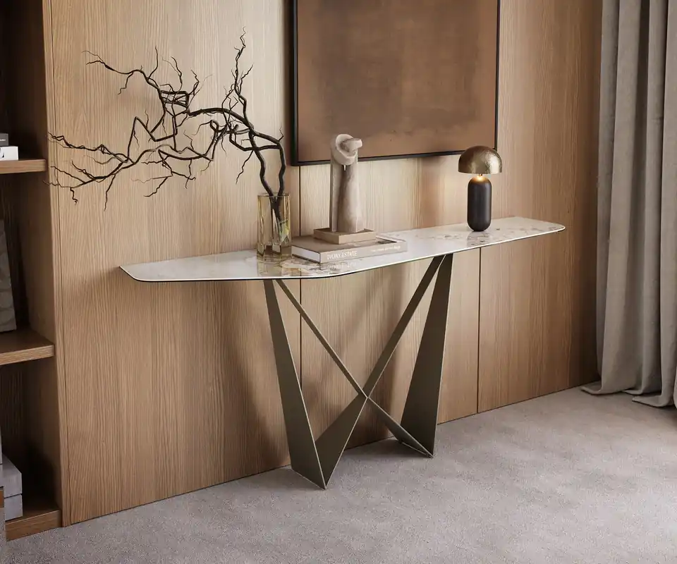 Konsolentisch Edge Polygonal 180x50 cm Keramik Minas Melange Weiß-Beige Spios Metall Effektfinish Titan Neue Ware