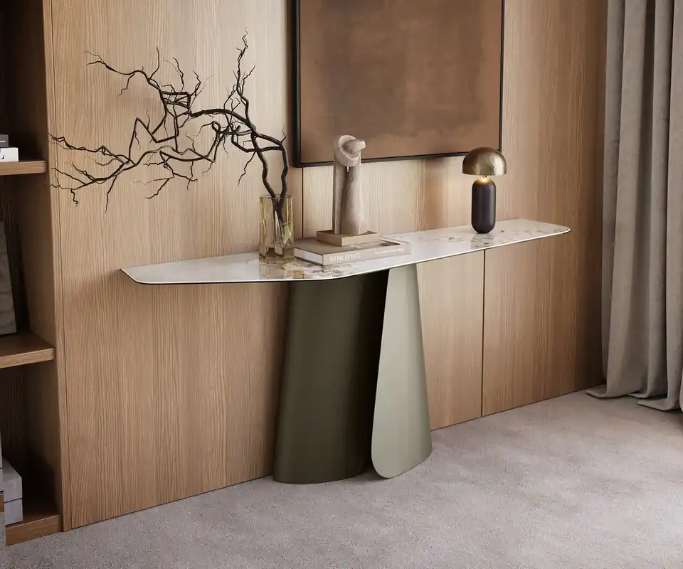 Konsolentisch Edge Polygonal 180x50 cm Keramik Minas Melange Weiß-Beige Livos Metall Effektfinish Titan Kracherpreis