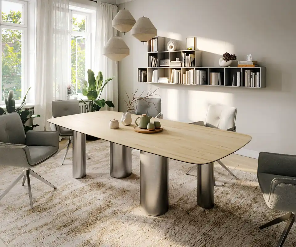 Wochenendangebot Esstisch Edge Boot 260x120 cm Keramik Laminam® Sabbia Eichefarbig Pilier Edelstahl gebürstet