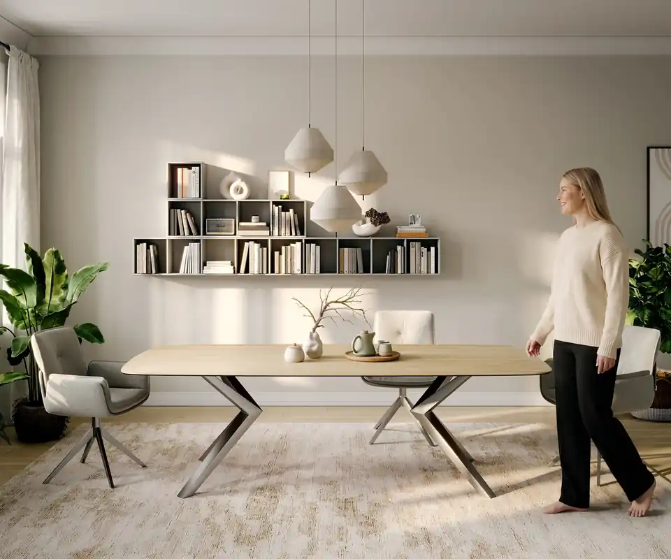 Bestseller Esstisch Edge Boot 260x120 cm Keramik Laminam® Sabbia Eichefarbig Zenthara kantig Edelstahl