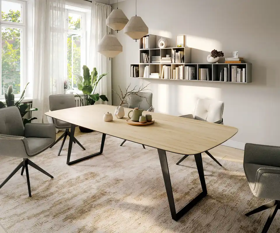 Esstisch Edge Boot 260x120 cm Keramik Laminam® Sabbia Eichefarbig Metall Schräg Schwarz Top-Angebot