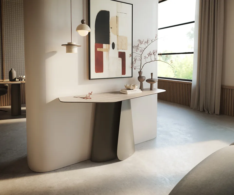 Nur Für Kurze Zeit Konsolentisch Edge Polygonal 140x50 cm Keramik Laminam® Travertino Bianco Creme-Weiß Livos Metall Effektfinish Titan