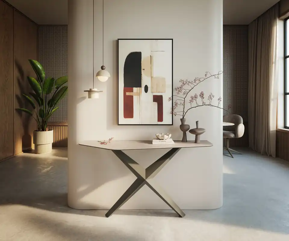 Konsolentisch Edge Polygonal 140x50 cm Keramik Laminam® Travertino Bianco Creme-Weiß Zentharo Metall Effektfinish Titan Kracherpreis