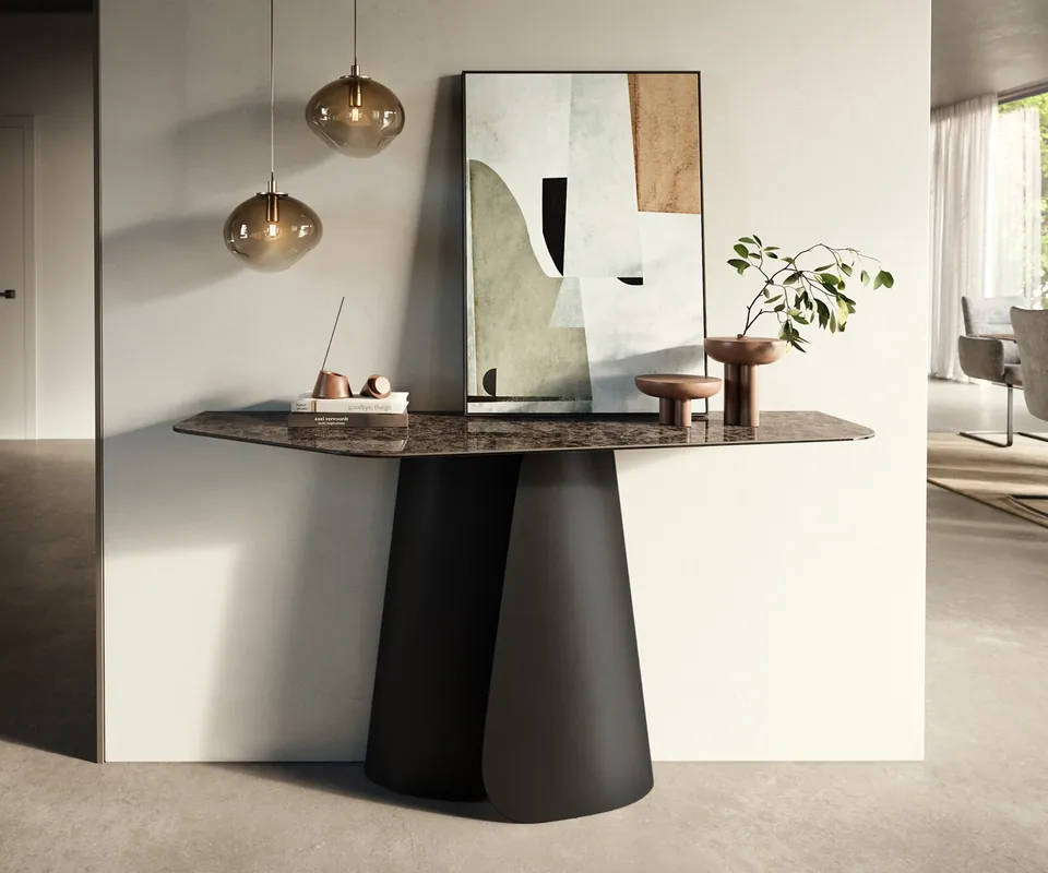 Must-Have Konsolentisch Edge Polygonal 140x50 cm Keramik Emperador Extra Lucidato Dunkelbraun Livos Metall Schwarz
